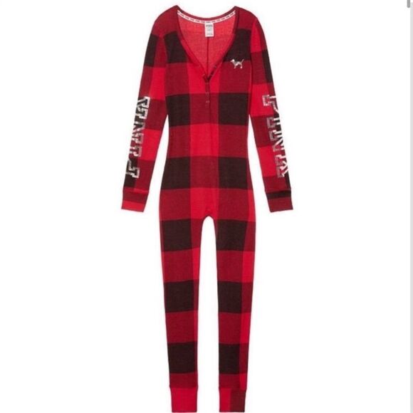 VS PINK Thermal Onesie Loungewear Buffalo Plaid Sequin Red Black Size Medium - Picture 1 of 7